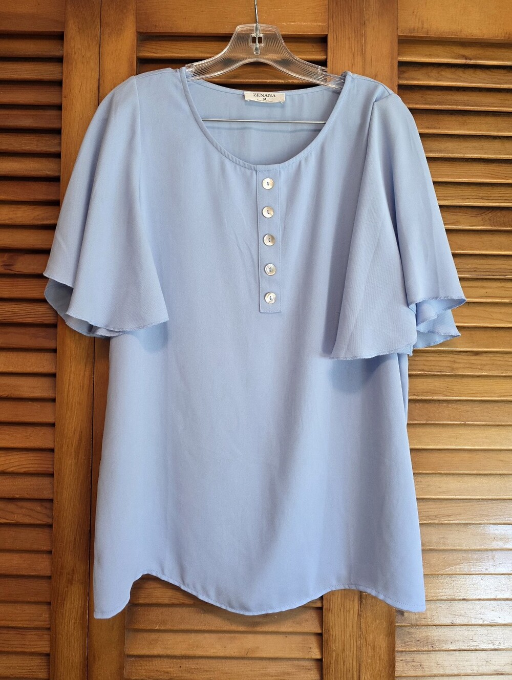 Zenana Light Blue Flutter Sleeve Henley Blouse Top M